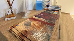 A reception desk with a large poster, a glass bottle with reed sticks, and a blue informational sign. - Elegant Suite between Sorrento and the Amalfi Coast (Castellammare di Stabia)