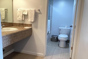 Un baño con lavamanos, inodoro y zona de ducha.