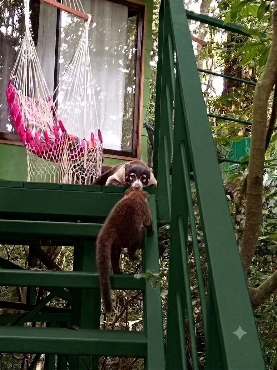 Una silla hamaca, un pequeño animal y una estructura metálica verde.