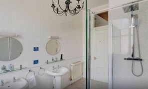Une salle de bain avec une douche, un lavabo et un miroir.