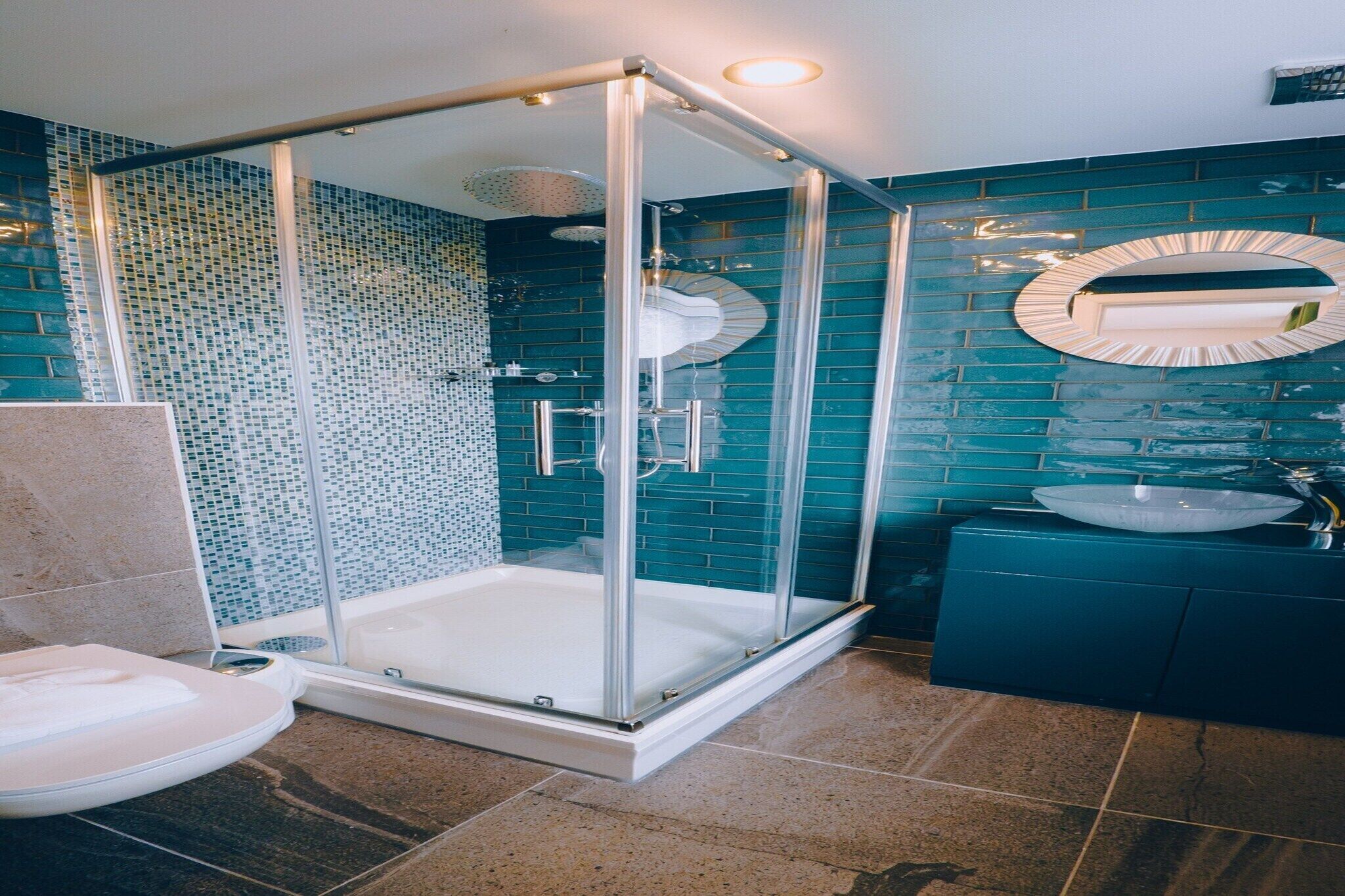 Shower, hair dryer, towels