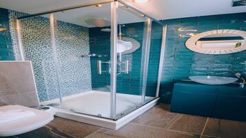 Shower, hair dryer, towels