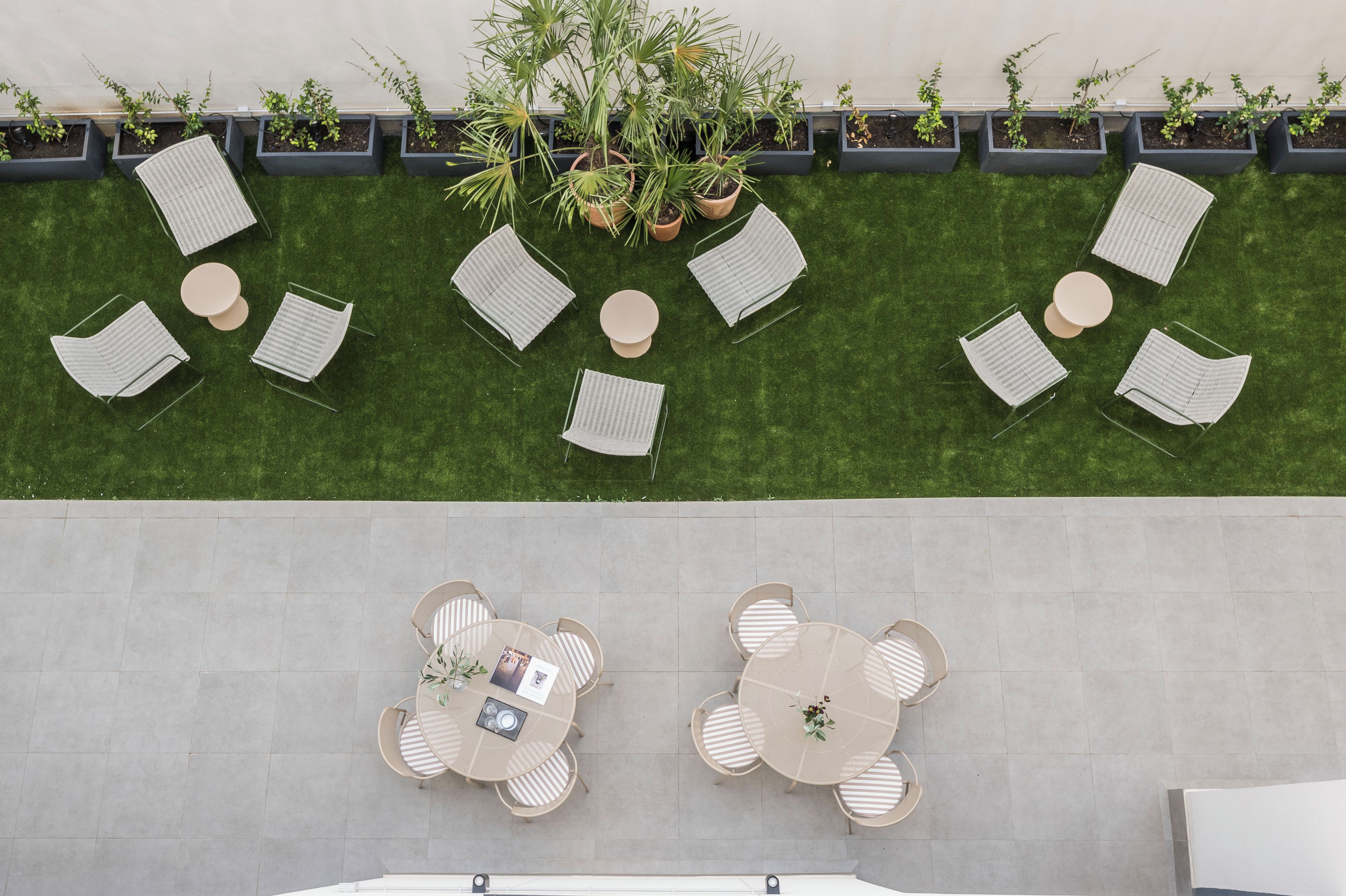 Un espacio al aire libre con sillones de descanso y mesas, rodeado de macetas con diversas plantas.