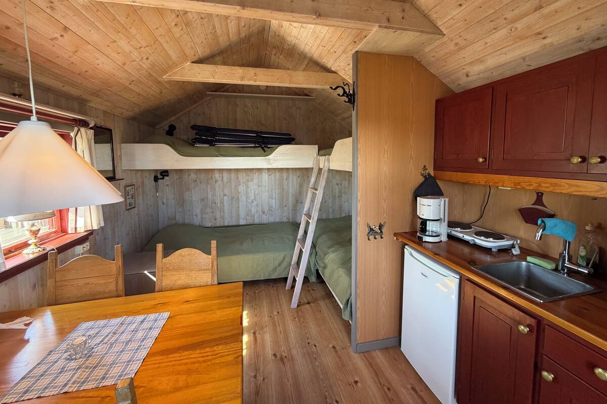 A compact kitchen with a bunk bed, wooden ceiling, and basic amenities.