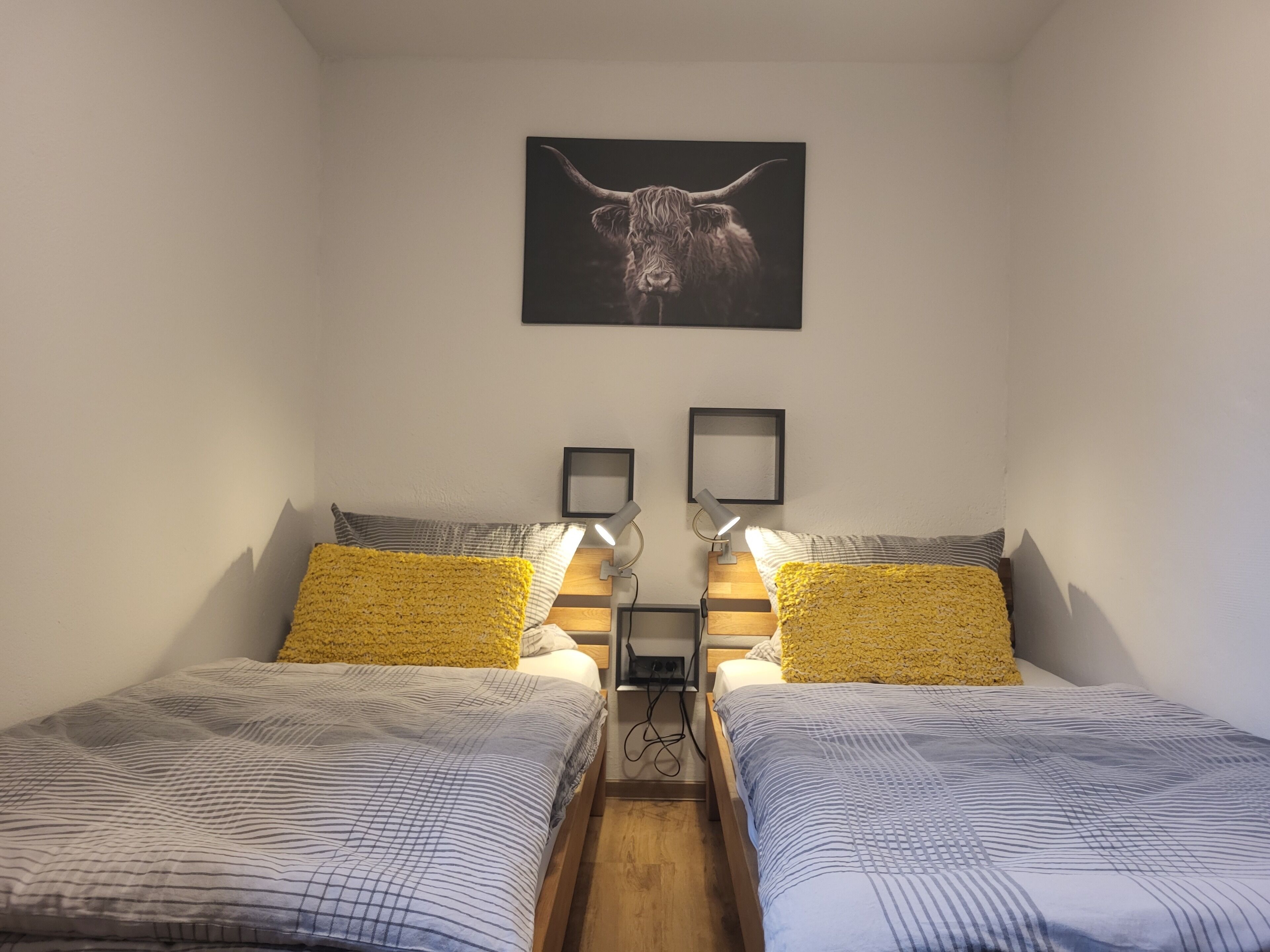A bedroom with two beds, a mounted artwork of a bull, bedside lamps, and a wooden nightstand.