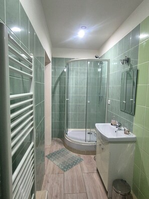 A bathroom with a glass-enclosed shower, a sink, and a mirror.