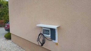 An outdoor electrical box mounted on a building wall.