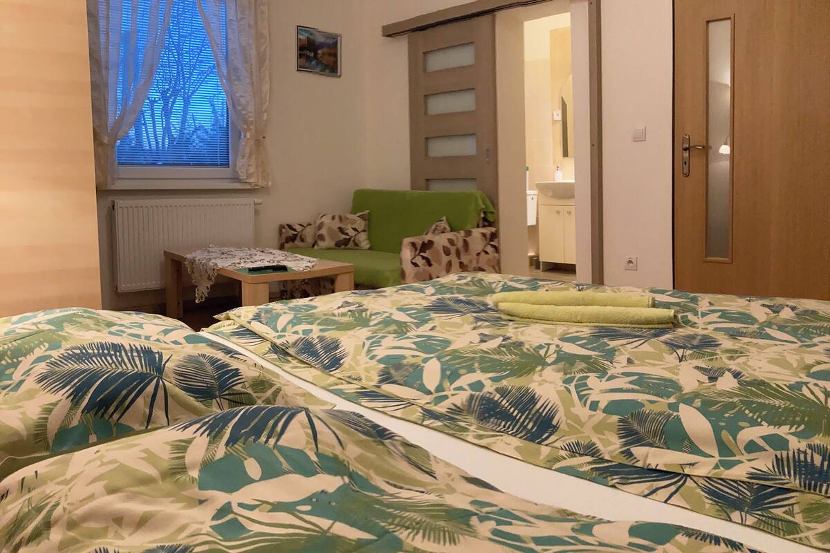 Un dormitorio con una cama, un sofá verde, una mesita, una ventana con cortinas y una puerta.