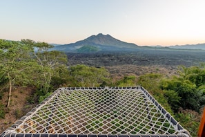 A hammock with a netted cover, surrounded by greenery and a mountainous landscape.