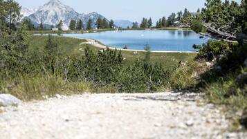 A lake surrounded by mountains, a dirt path, and sparse vegetation.