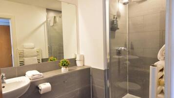 Shower, hair dryer, towels