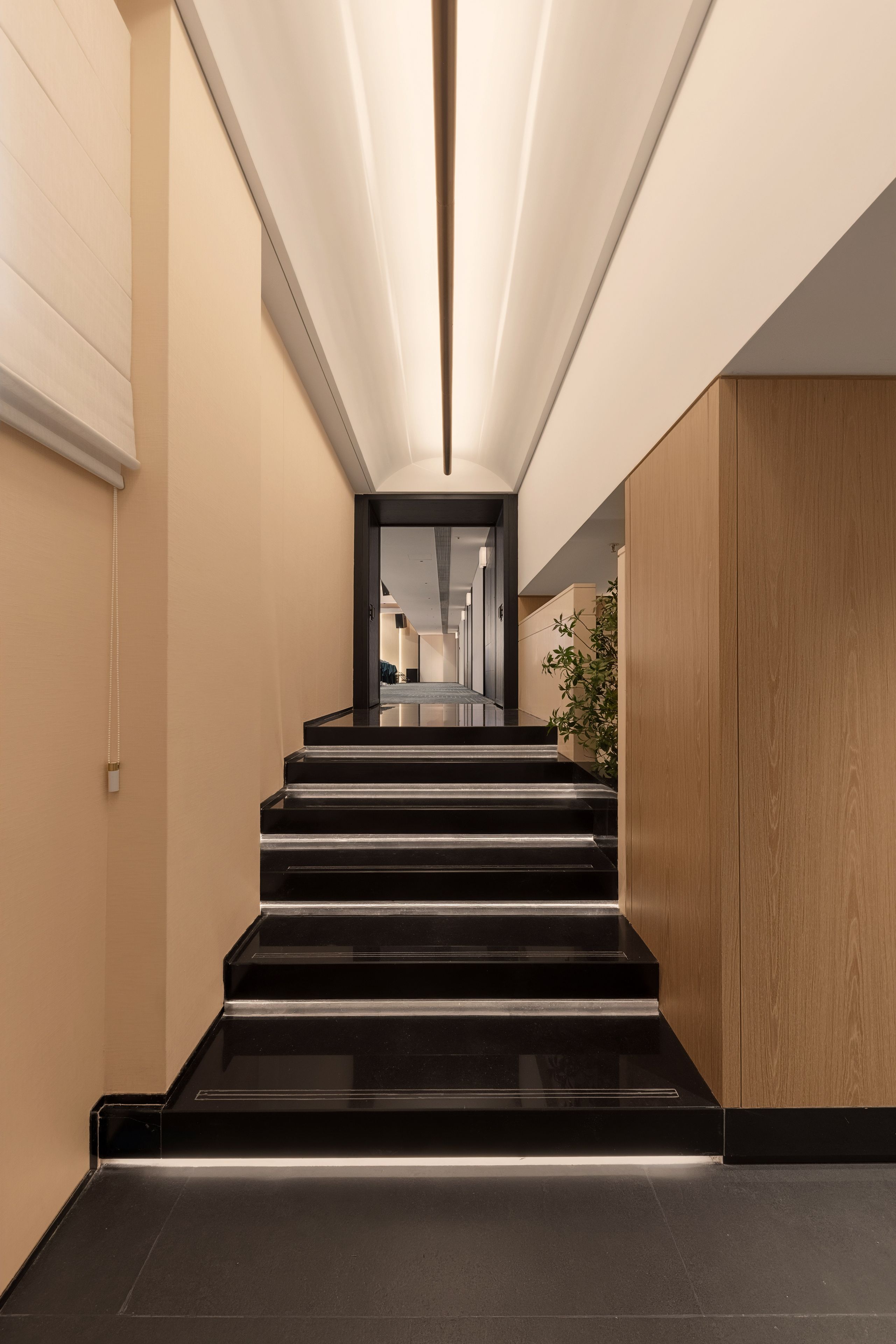 A modern interior with a staircase leading to a mirrored wall.