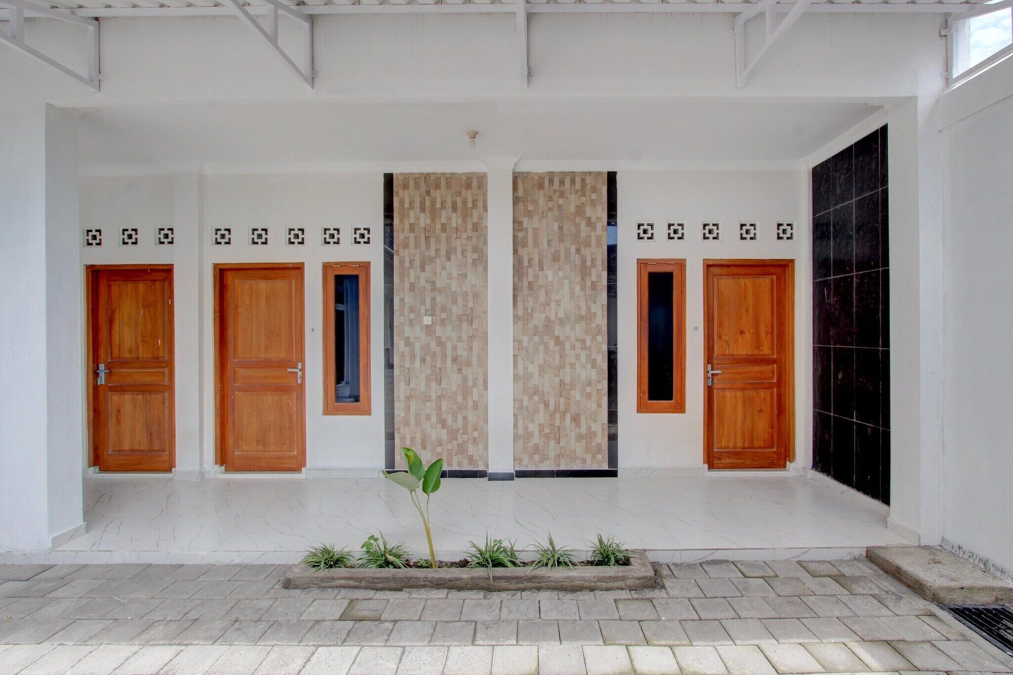 A hallway with four wooden doors, a tiled wall, and a small plant in the center.