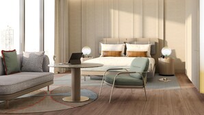 A modern hotel room with a large bed, a sitting area with a table, and a view of the city. - Andaz Gold Coast by Hyatt (GOLD COAST)