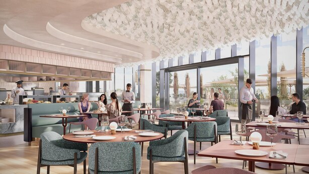 A modern restaurant interior with round tables, green upholstered chairs, and a view of the outdoors through large windows. - Andaz Gold Coast by Hyatt (GOLD COAST)