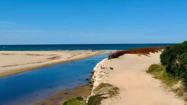 Uma praia com céu claro, areal arenoso e mar calmo.