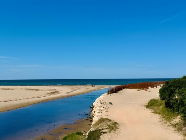 A beach with a clear sky, a sandy shore, and a calm sea.