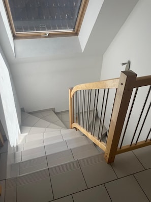 Eine Treppe mit hölzernem Geländer und Metallspindeln, die zu einem Oberlicht führt.
