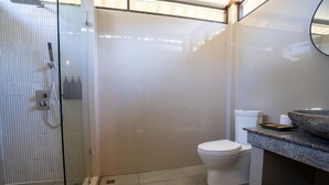 Un bagno moderno con doccia vetrata, un water bianco e un piano di marmo con lavabo in pietra.