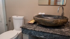 Een badkamer met een stenen wastafel, een wit toilet en een spiegel boven de wastafel.