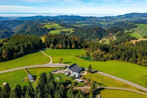Ländliche Landschaft mit einem großen Haus, umgeben von Feldern und Wäldern, einer kurvenreichen Straße und einer fernen Bergkette.
