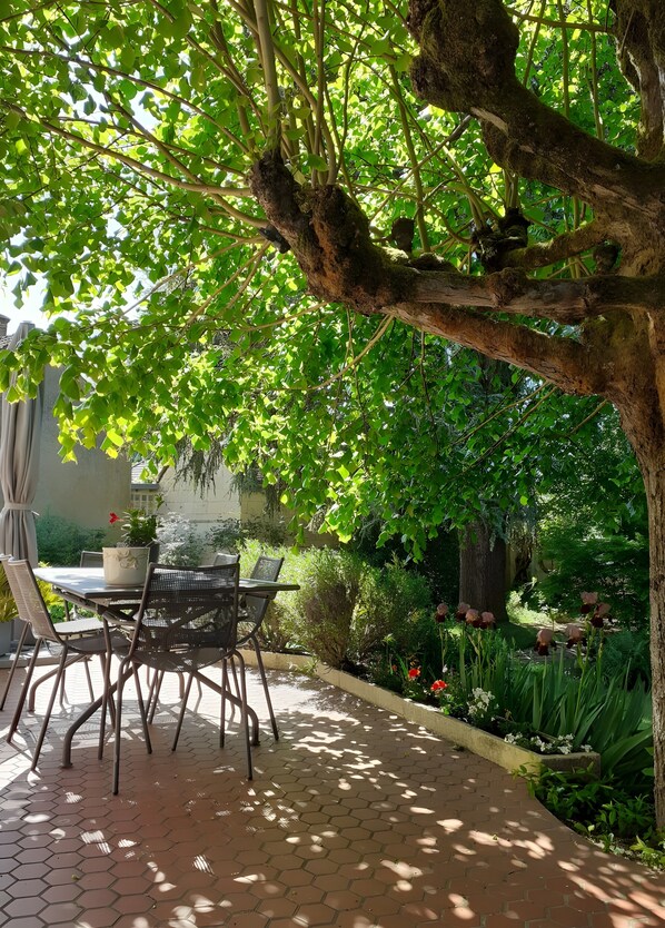 A patio with a table and chairs, surrounded by greenery and a tree.