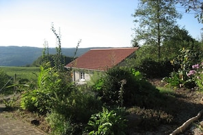 Ein Haus mit rotem Dach, umgeben von viel Grün und einem Weg dorthin.