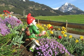 Ein Garten mit einer Gartenzwerg-Statue, Blumen und einem Berg im Hintergrund.