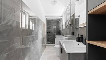 Shower, jetted tub, hair dryer, bidet