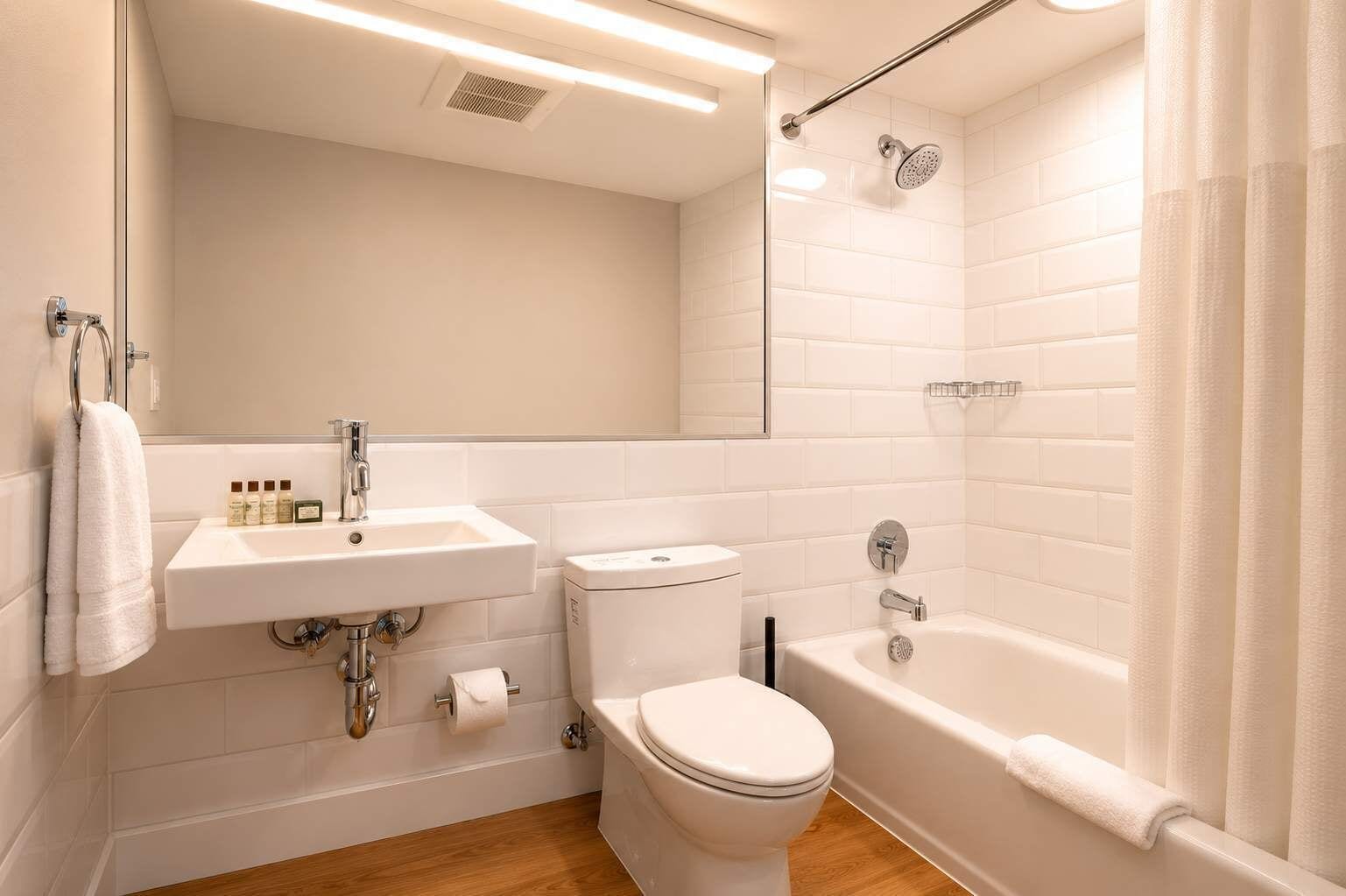A modern bathroom with a sink, toilet, and bathtub.