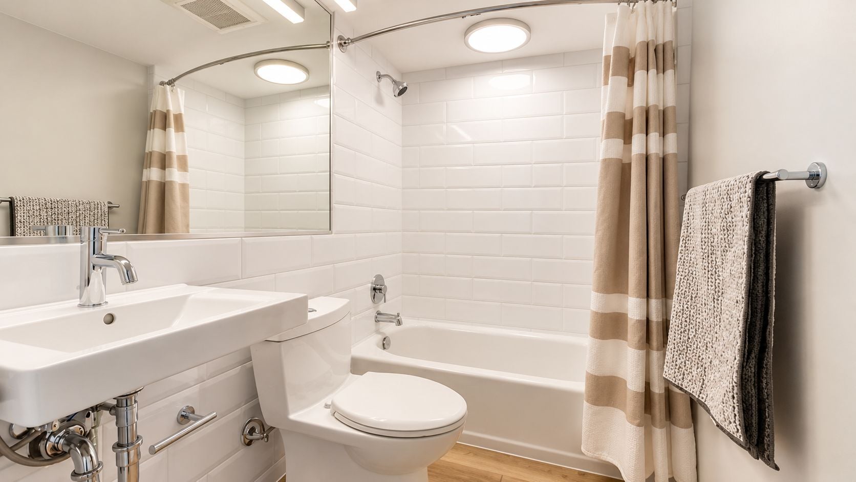 Ein modernes Badezimmer mit Waschbecken, Toilette und Badewanne.