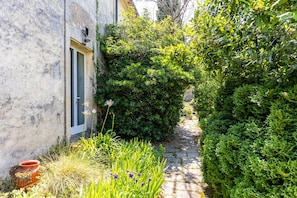 Un stretto sentiero in pietra fiancheggiato da vegetazione lussureggiante e un edificio rustico con una porta.