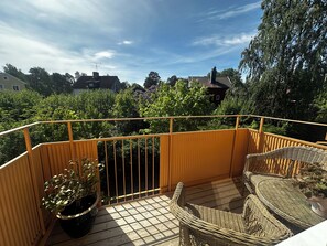 A wooden deck with wicker furniture and a potted plant.
