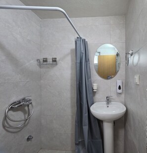 Un baño con ducha, lavamanos, espejo y toallero.