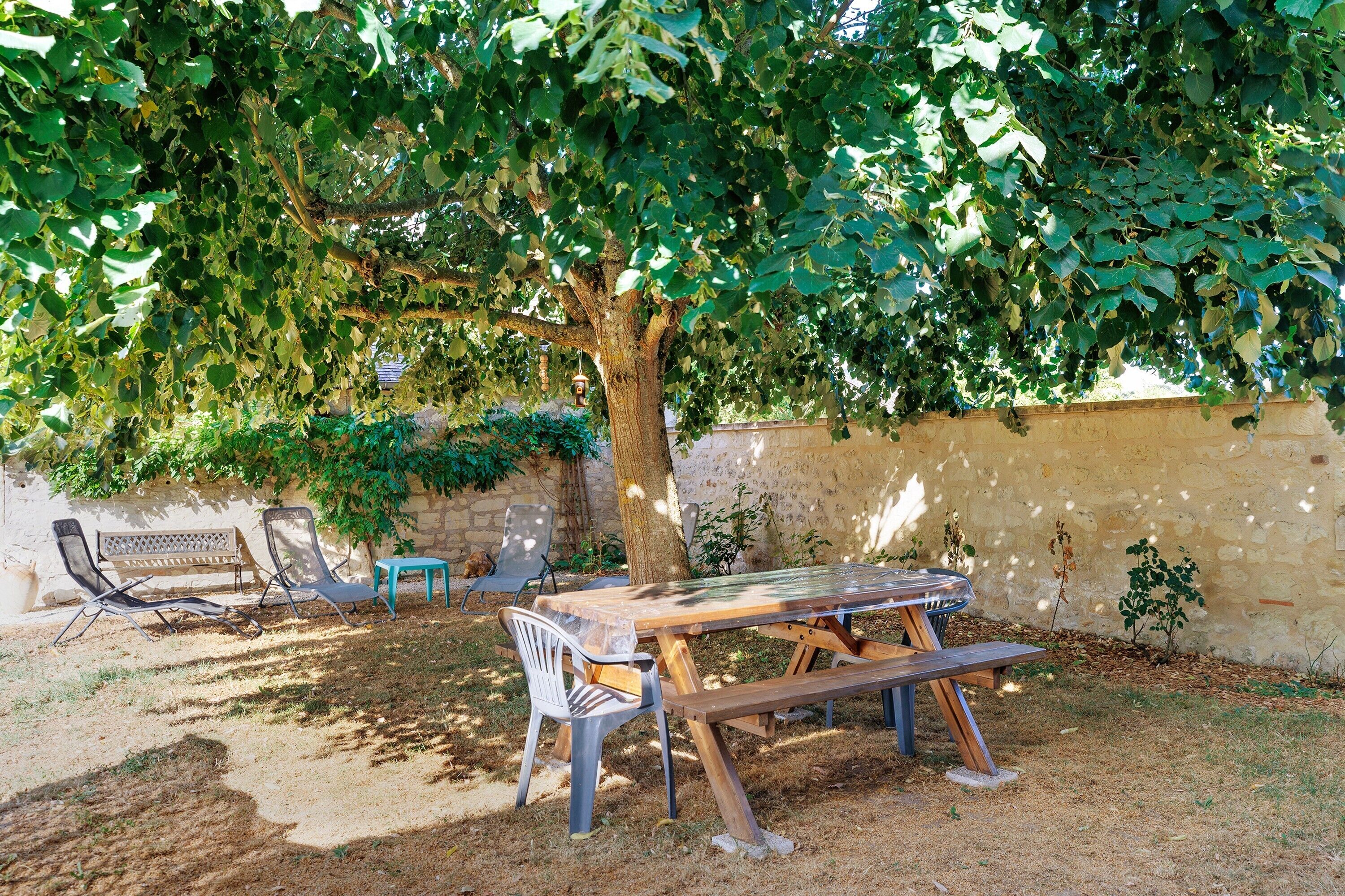 Un patio al aire libre con una mesa y sillas de madera, un banco y un árbol que da sombra.