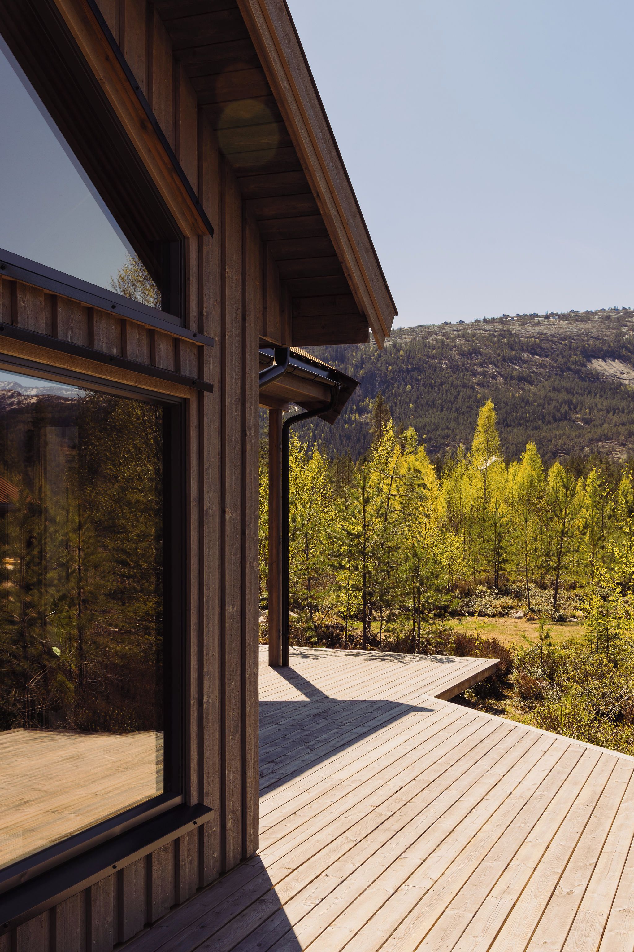 A modern building with large windows and a deck overlooking a forested landscape.