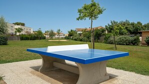 Taula de ping-pong en un espai exterior amb cel blau i vegetació al voltant.