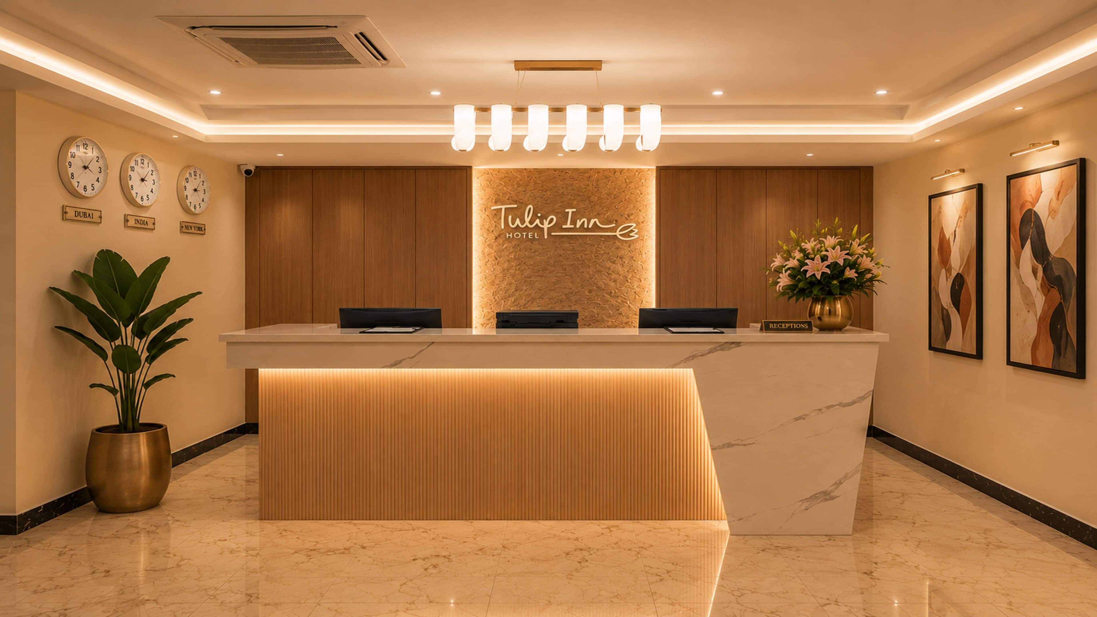 Un mostrador de recepción de hotel con suelo de mármol, un área de recepción y una pared con relojes y un letrero que dice 'Tulip Inn Hotel'.