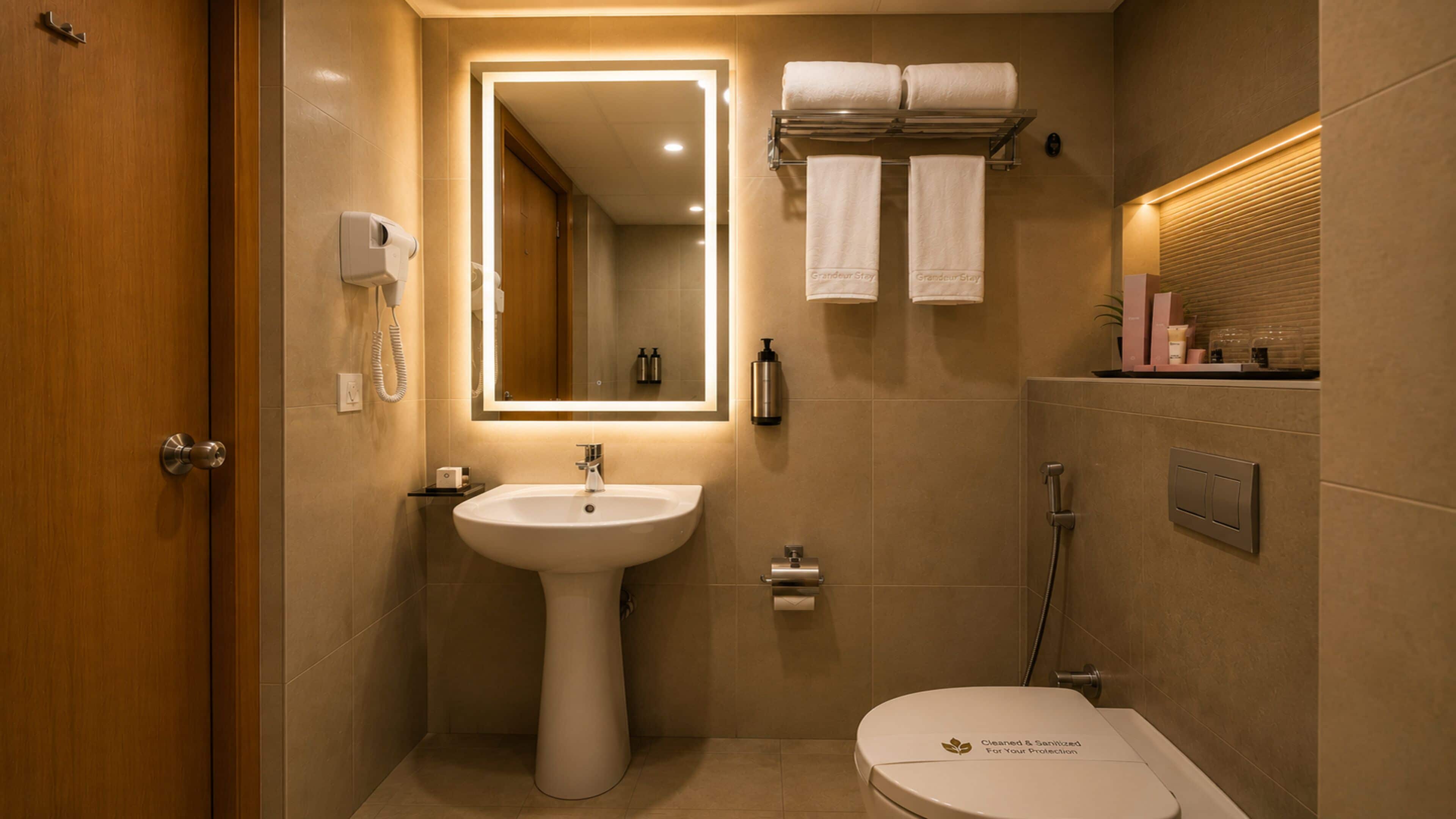 A compact hotel bathroom with a pedestal sink, a toilet, a hand dryer, and a towel rack.