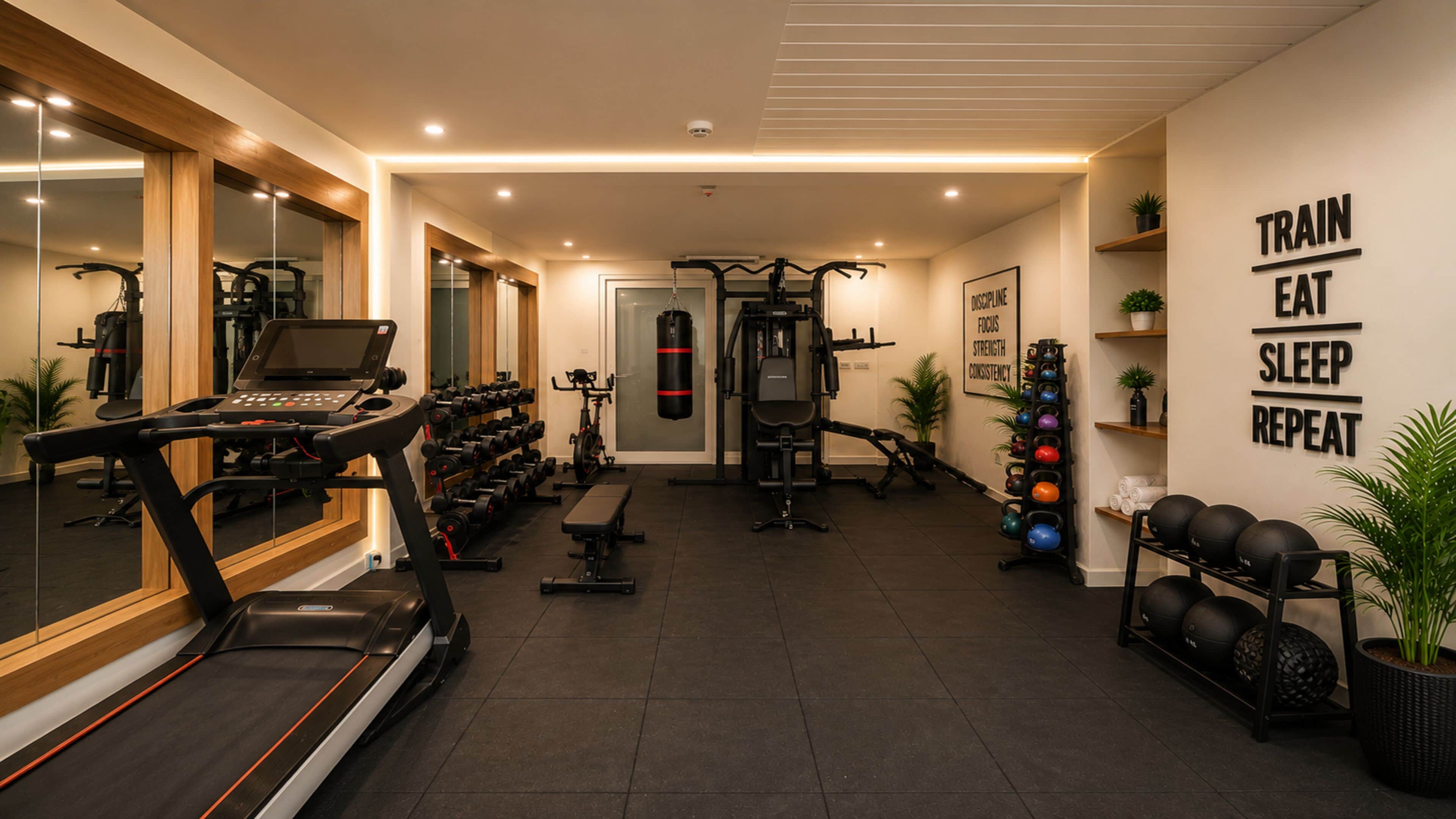 A gym with exercise equipment, a punching bag, and motivational wall art.