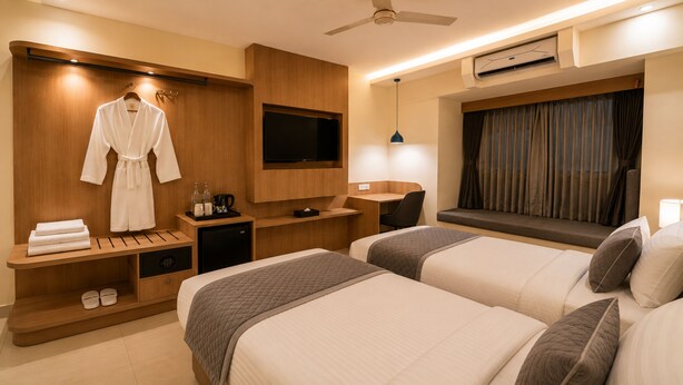 A hotel room with two beds, a desk, a TV, a wardrobe, and a window with curtains. - Tulip Inn Bengaluru Hoodi (Bengaluru)