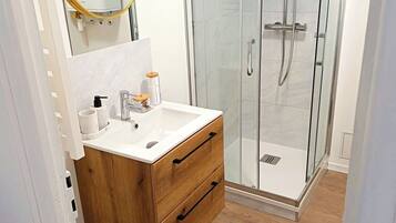 Hair dryer, towels, soap, toilet paper