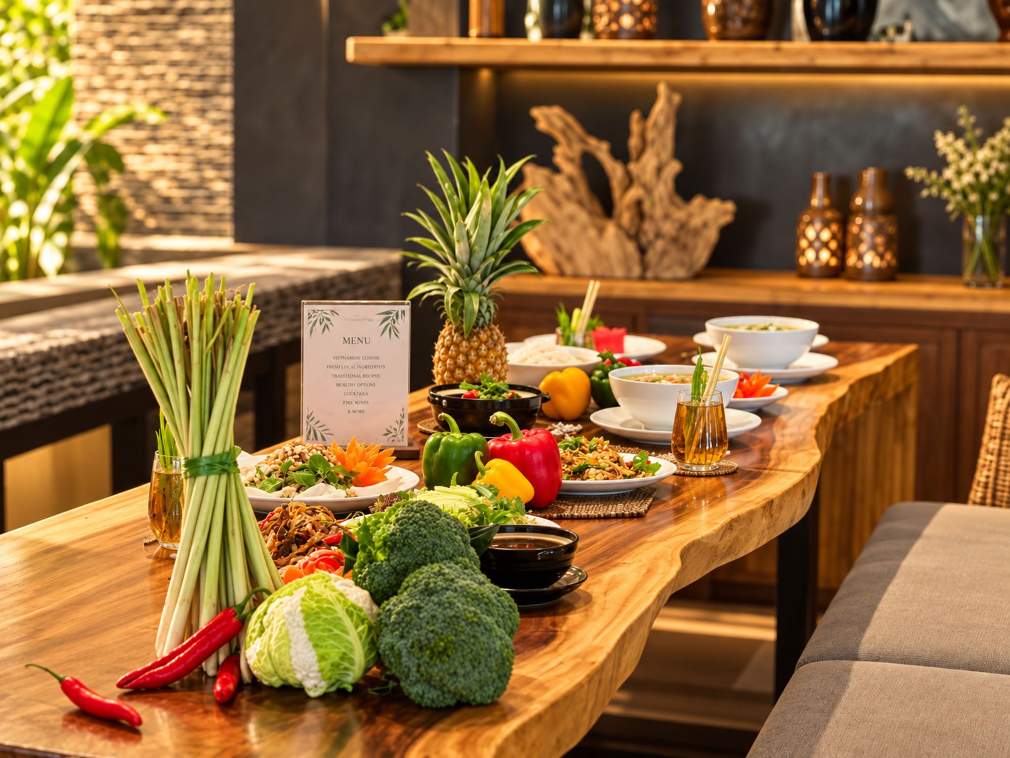 A wooden table with various dishes, vegetables, and a menu sign.
