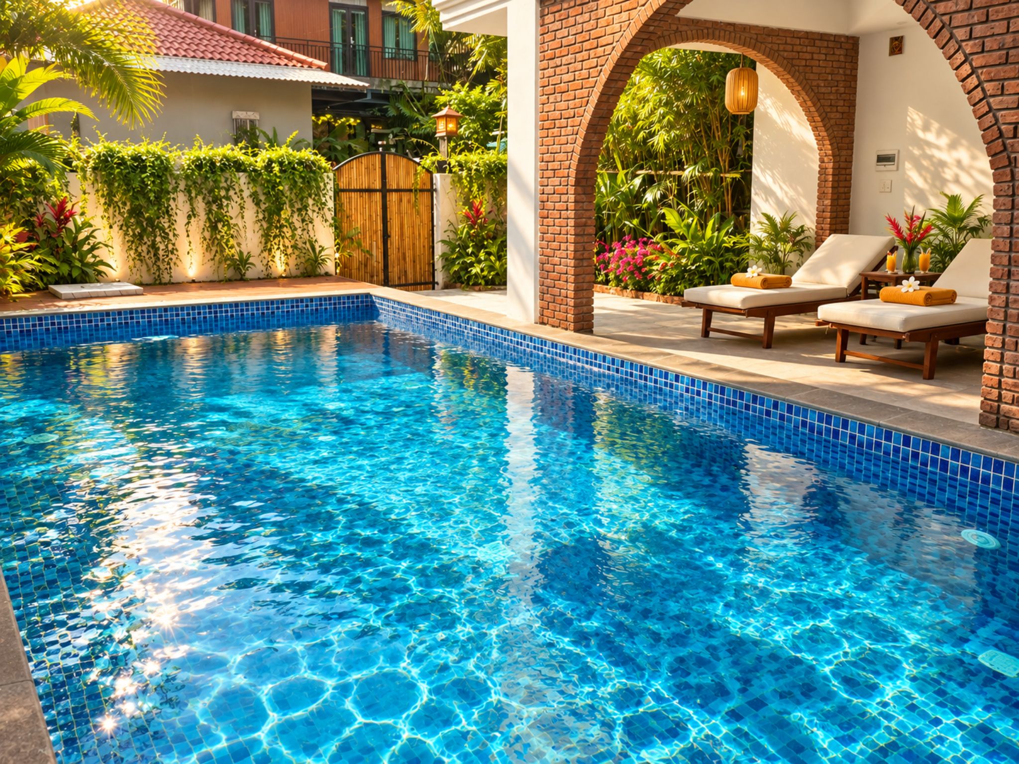 A clear blue swimming pool with tiled edges, surrounded by a brick wall and a wooden fence.