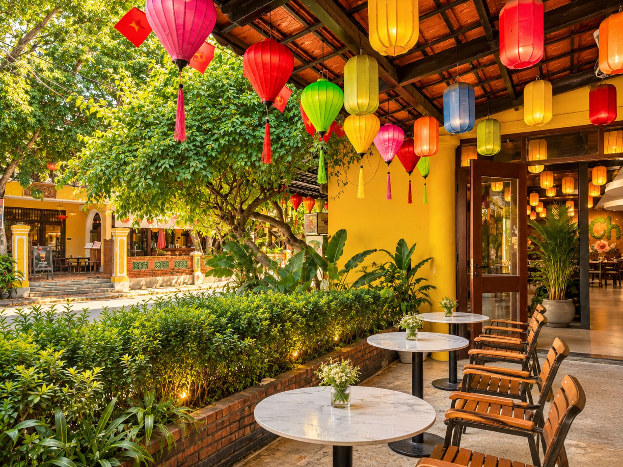 A courtyard with outdoor seating, a building entrance, and hanging lanterns.