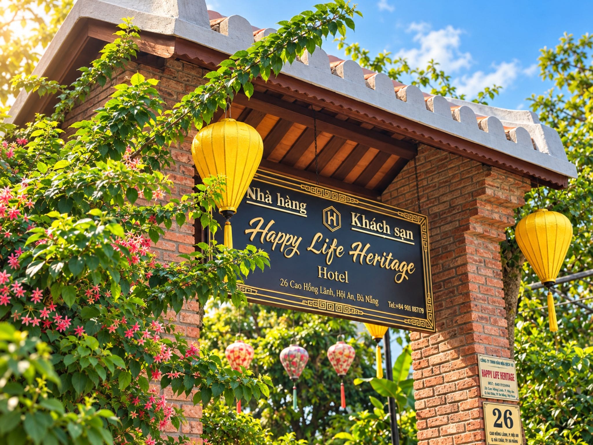 A sign for Happy Life Heritage Hotel with a brick facade and hanging lanterns.