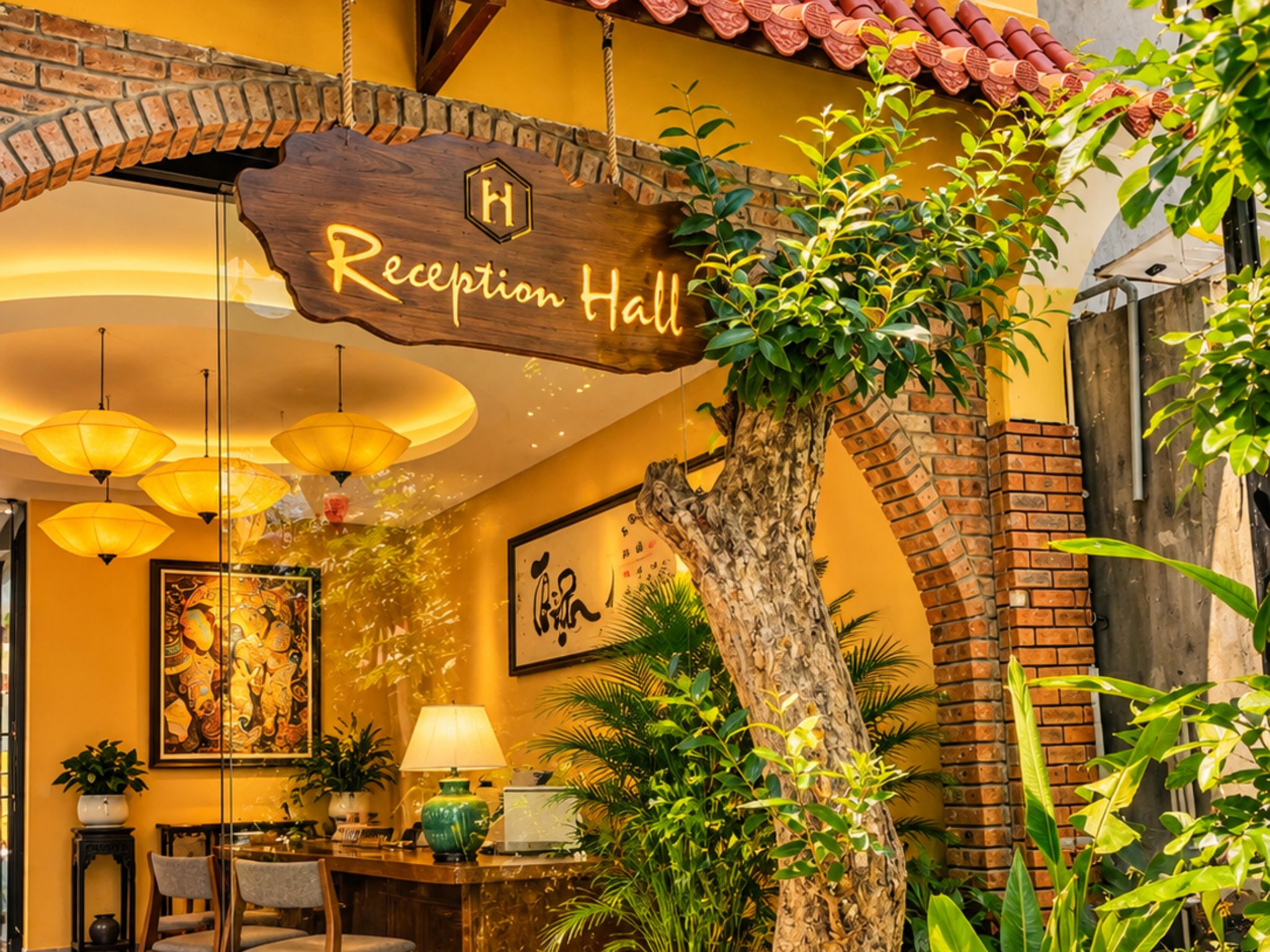 A reception area with a wooden sign reading 'Reception Hall,' a large tree, and a table with chairs.