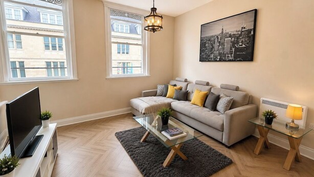 A living room with a sofa, a glass coffee table, a TV, and a cityscape painting.