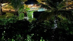 A nighttime view of a resort with a pool, surrounded by lush greenery and palm trees, under a cloudy sky.