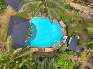 An aerial view of a swimming pool surrounded by palm trees and a stone pathway. - Coast Sun Gardens Cottage Adults Only (Msambweni)